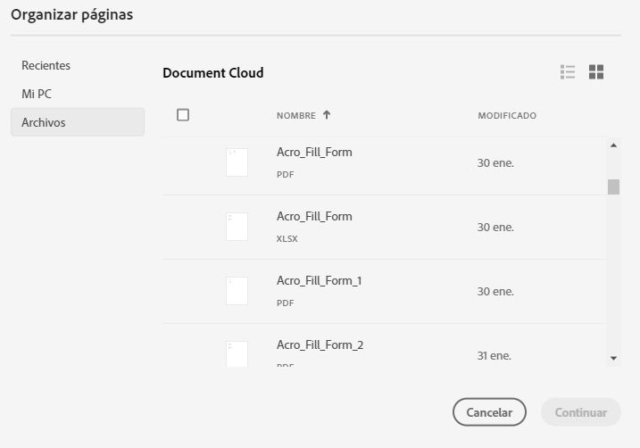 Seleccionar un archivo de la lista de Recientes o Documentos