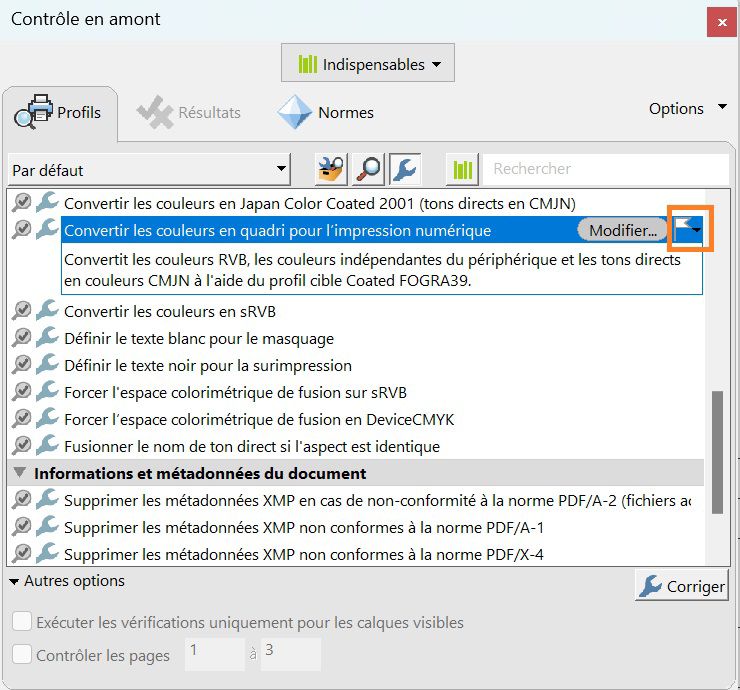 La boîte de dialogue Contrôle en amont s’affiche et l’option Indicateur est sélectionnée