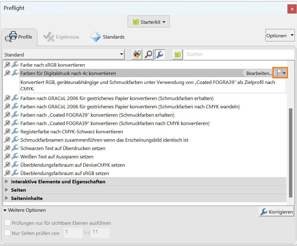 Das Dialogfeld „Preflight“ wird angezeigt. Die Markierungsfunktion ist hervorgehoben.