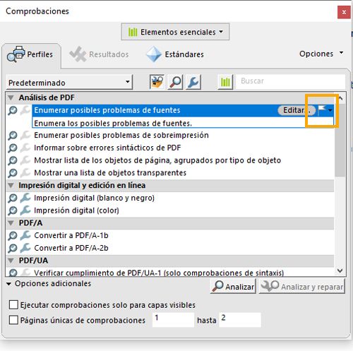 Se muestra el cuadro de diálogo Comprobaciones y se resalta la opción del indicador