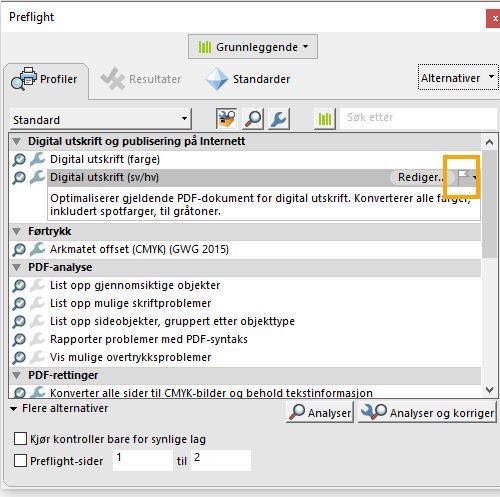 Dialogboksen Preflight vises med flaggalternativet uthevet
