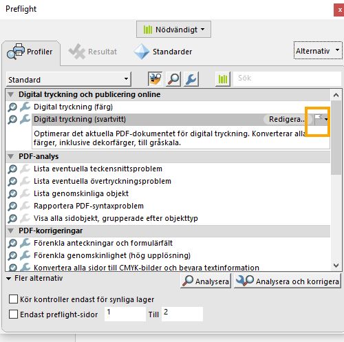 Dialogrutan Preflight visas och flaggan markeras
