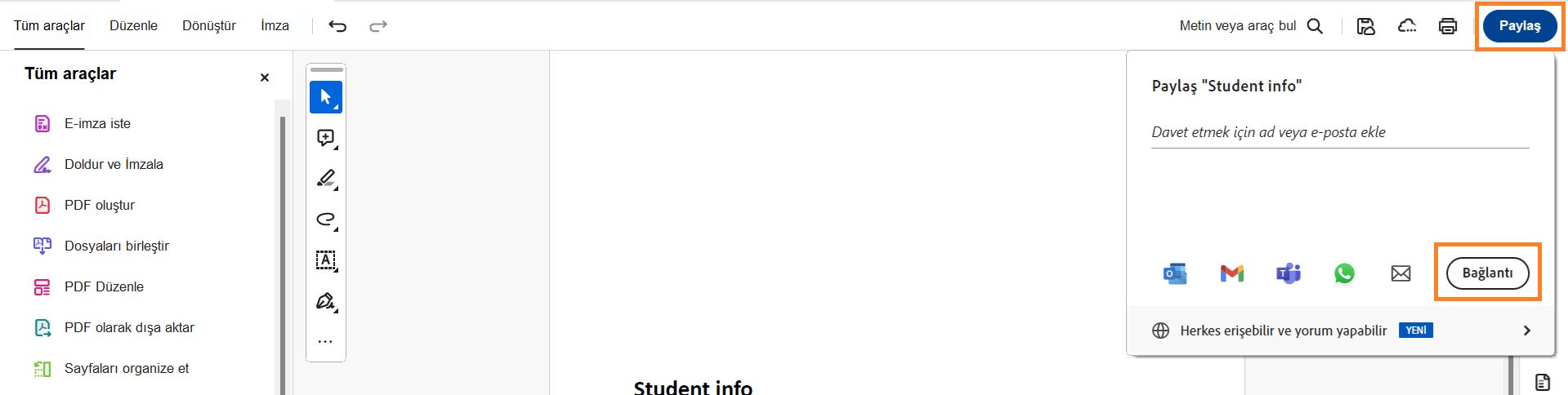 Paylaşılabilir bir bağlantı oluşturmak için paylaşım penceresinde Bağlantı al'ı seçin.