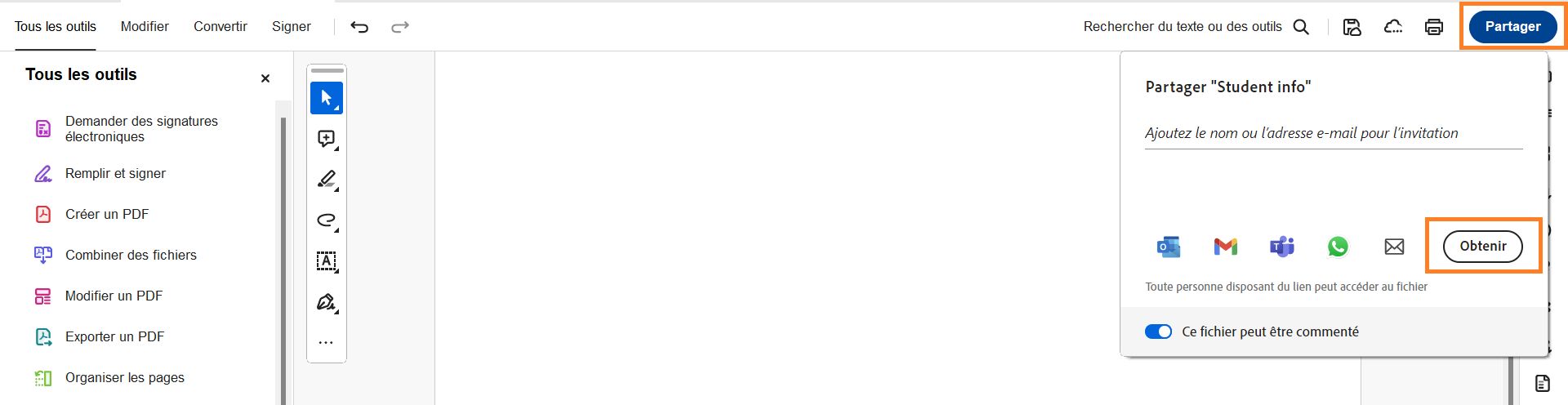 Sélectionnez Obtenir le lien dans la fenêtre Partager pour générer un lien partageable.