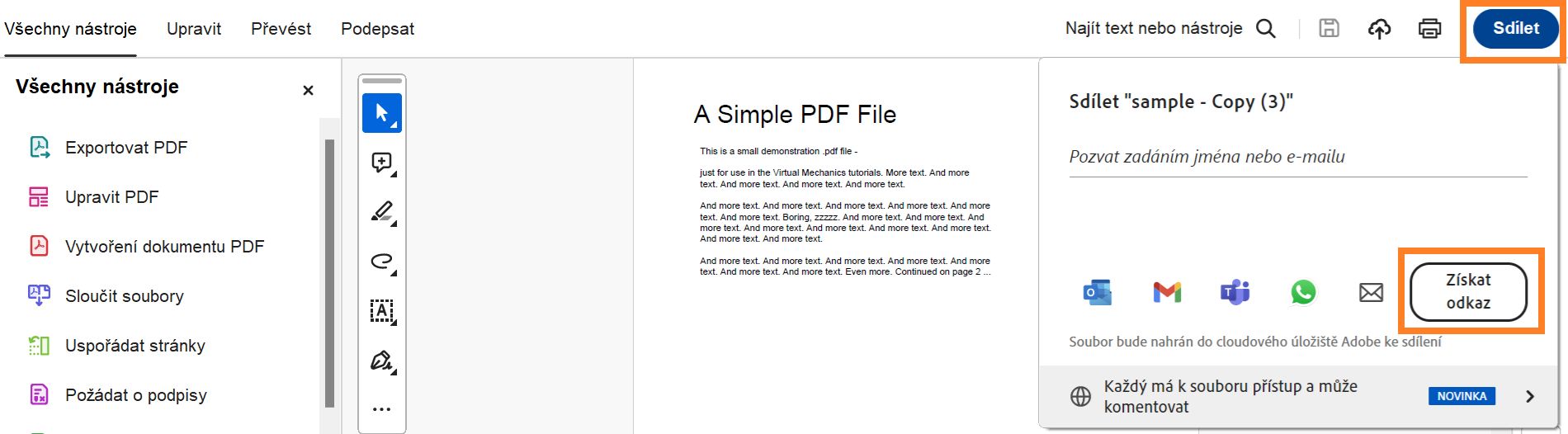 Výběrem možnosti Získat odkaz v okně sdílení vygenerujete odkaz, který lze sdílet.