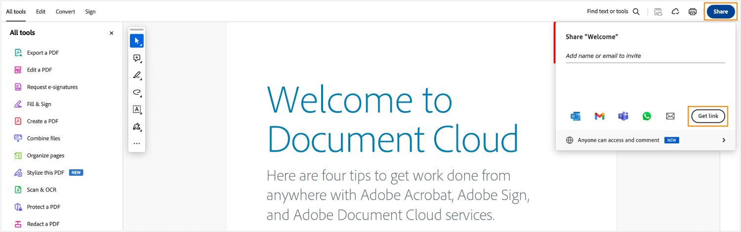 בחרו באפשרות Get link (קבלת הקישור) בחלון השיתוף כדי ליצור את הקישור לשיתוף.