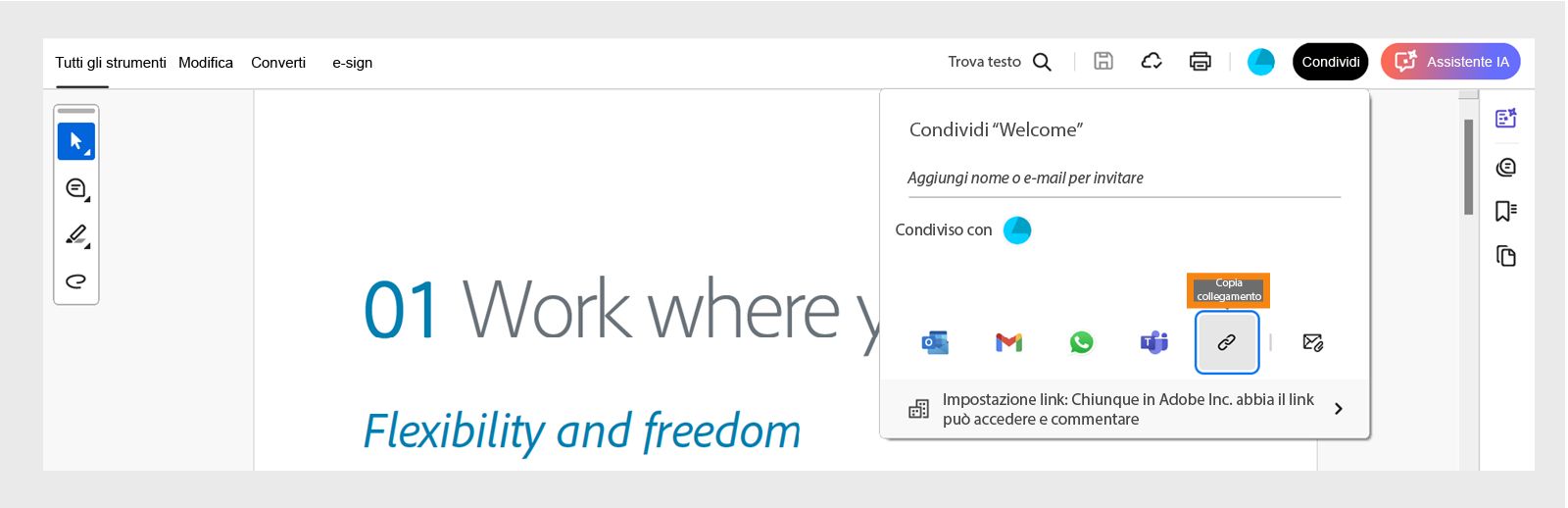  Seleziona Ottieni link nella finestra di condivisione per generare un link condivisibile.