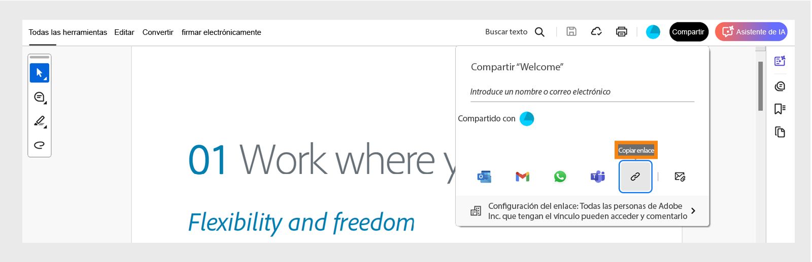  Selecciona Obtener vínculo en la ventana para generar un vínculo para compartir.