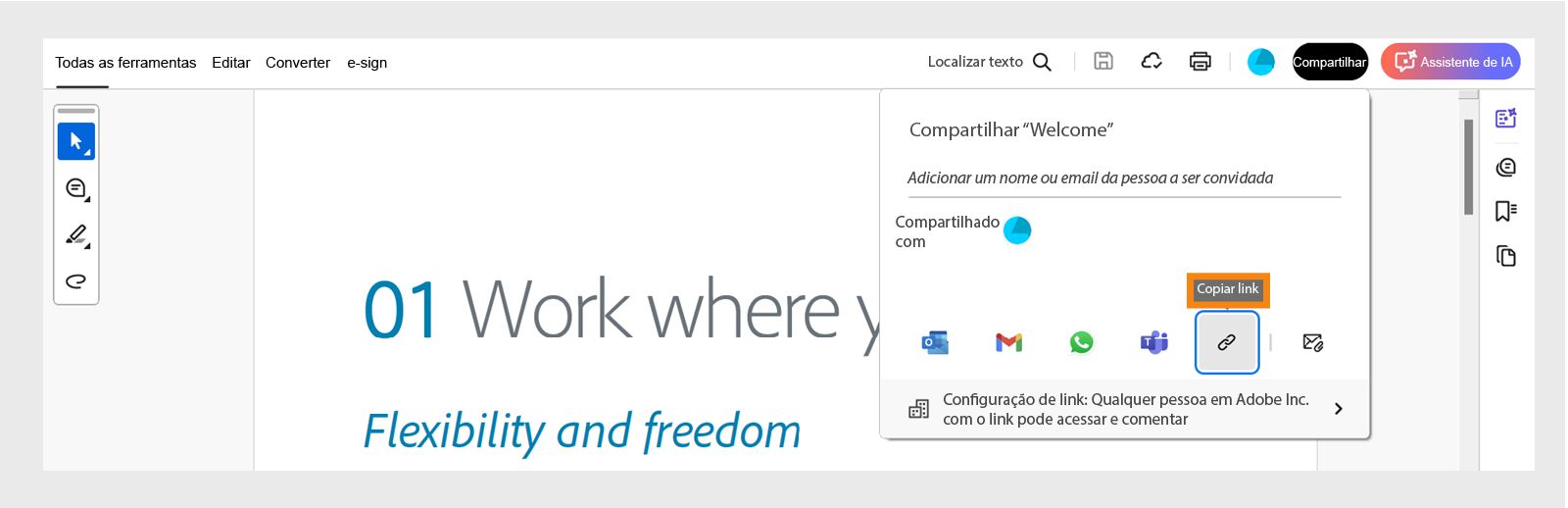  Selecione Obter link na janela de compartilhamento para gerar um link compartilhável.