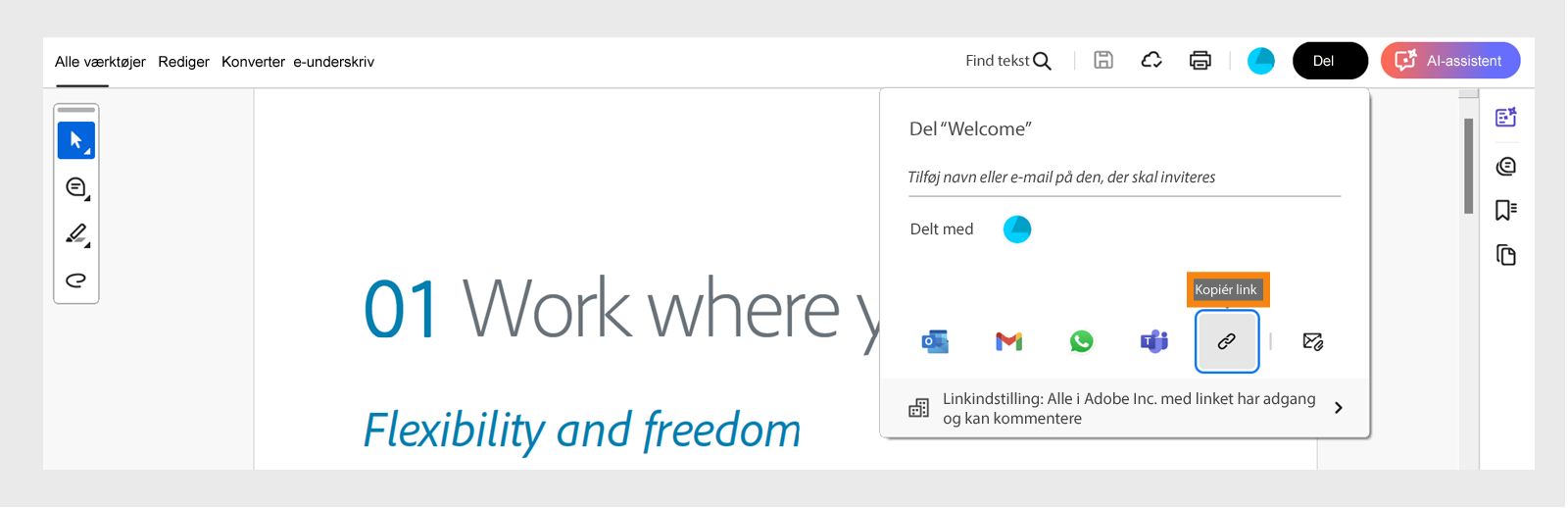  Vælg Hent link i vinduet Del for at generere et link, der kan deles.