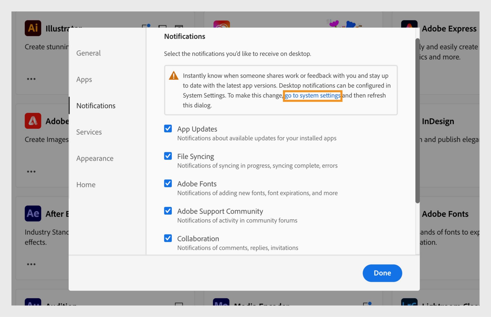 Het tabblad Meldingen in het venster Voorkeuren toont een waarschuwing met de knop Ga naar Systeeminstellingen, die leidt naar de instellingen voor meldingen in je apparaatinstellingen. 