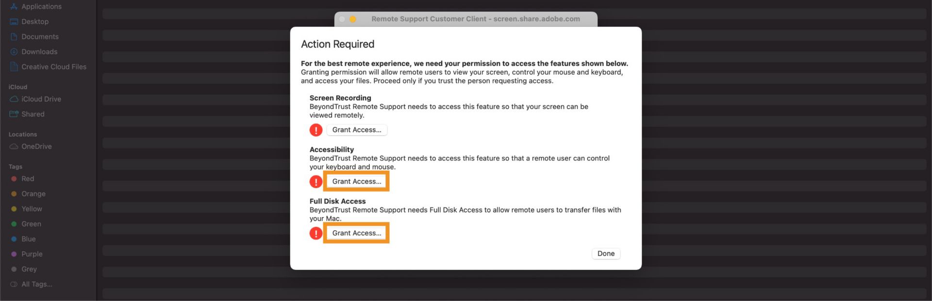 The Action Required window showing the features for which access are required, with the Grant Access buttons under each feature. 
