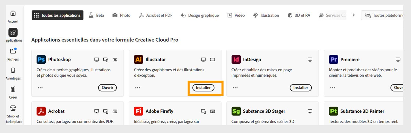L’onglet Applications du Bureau Creative Cloud affiche les applications disponibles pour le lancement, l’installation, l’ouverture dans le navigateur ou l’ouverture dans le poste de travail. 