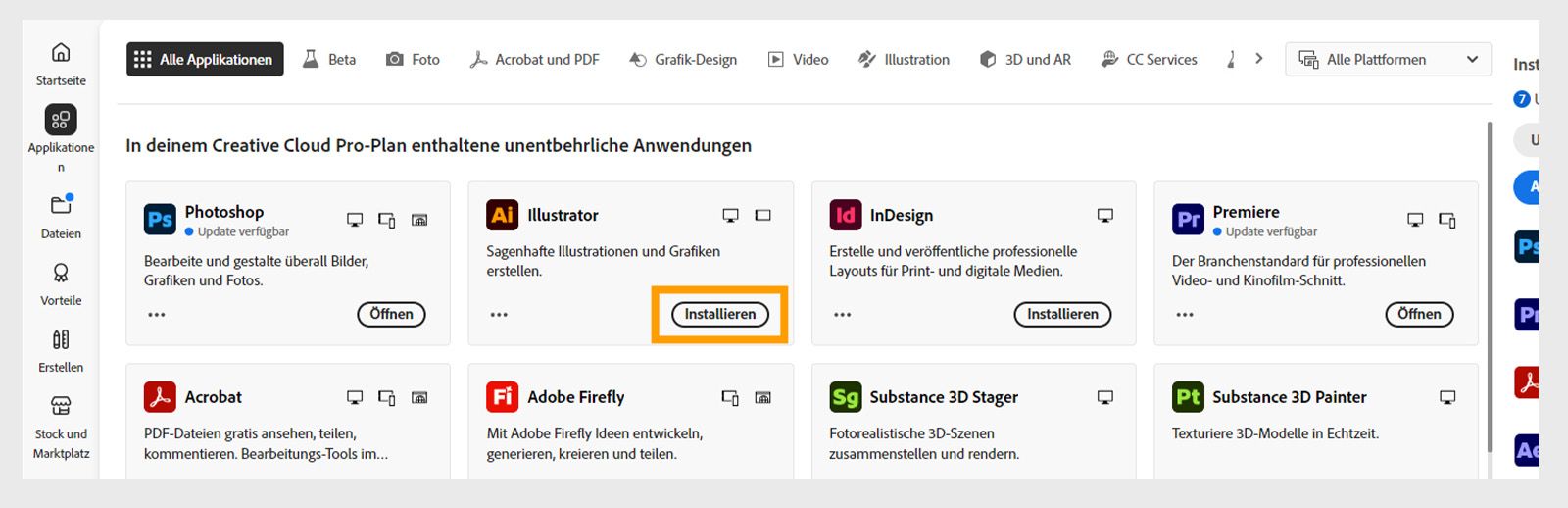 Auf der Registerkarte „Applikationen“ der Creative Cloud Desktop-App werden die Anwendungen angezeigt, die zum Starten, Installieren, Öffnen im Browser oder Öffnen auf dem Desktop verfügbar sind. 