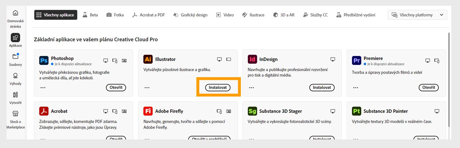 Karta Aplikace v aplikaci Creative Cloud pro počítače zobrazuje aplikace, které jsou k dispozici ke spuštění, instalaci, otevření v prohlížeči nebo otevření na počítači. 