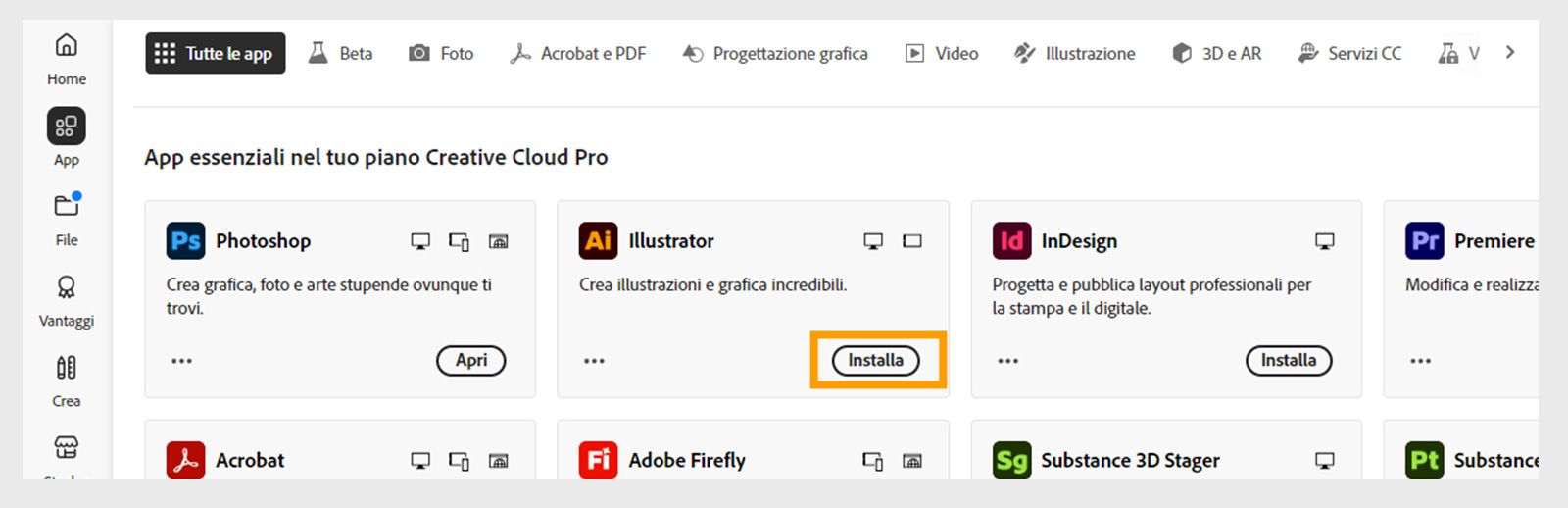 La scheda App dell'applicazione Creative Cloud Desktop mostra le app disponibili per l'avvio, l'installazione, l'apertura nel browser o l'apertura sul desktop. 