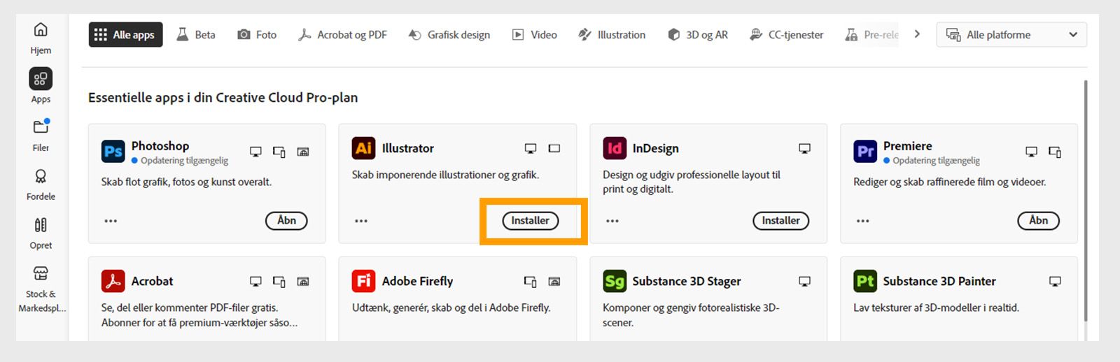 Fanen Apps på Creative Cloud-computerappen viser de apps, der kan startes, installeres, åbnes i browseren eller åbnes på computeren. 