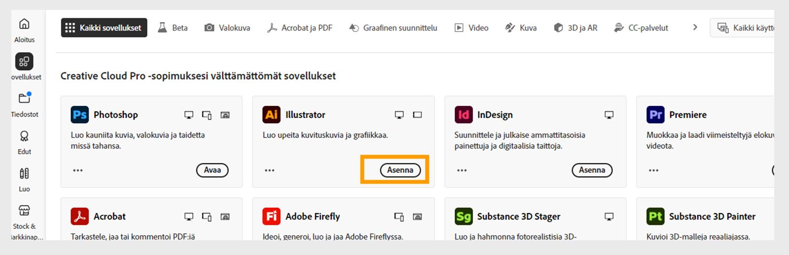 Creative Cloud -tietokonesovelluksen Sovellukset-välilehti näyttää sovellukset, jotka voit käynnistää, asentaa, avata selaimessa tai avata tietokoneella. 
