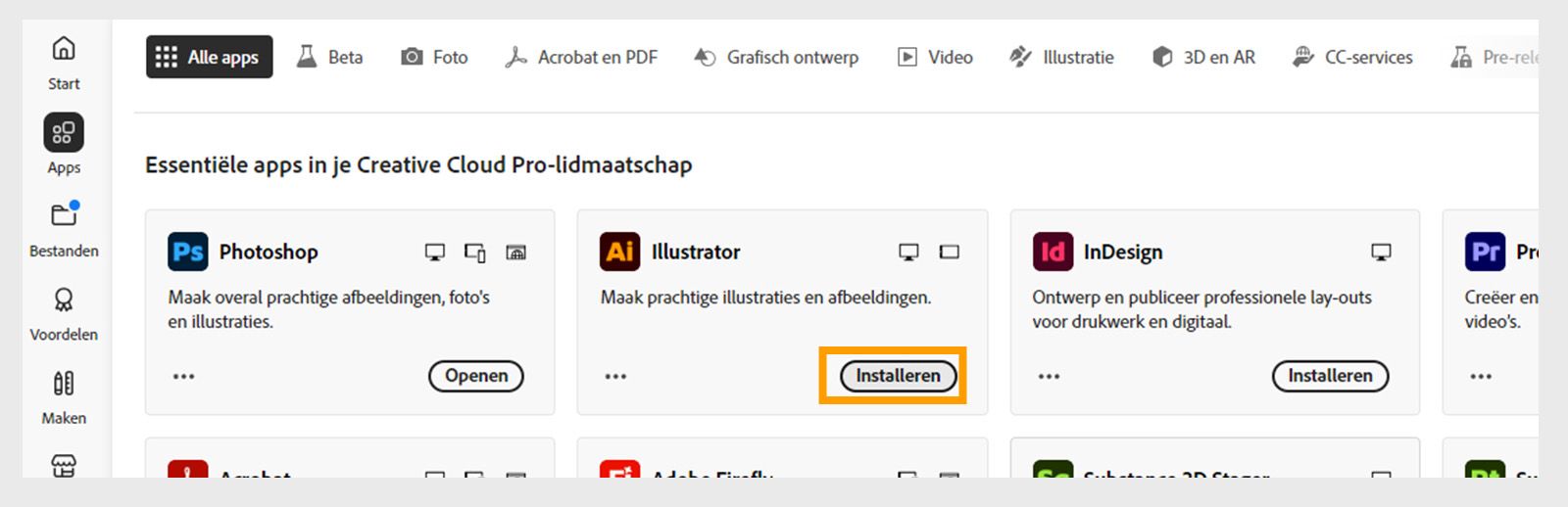 Het tabblad Applicaties van de Creative Cloud desktop-app toont de applicaties die beschikbaar zijn om te starten, installeren, openen in browser of openen op desktop. 