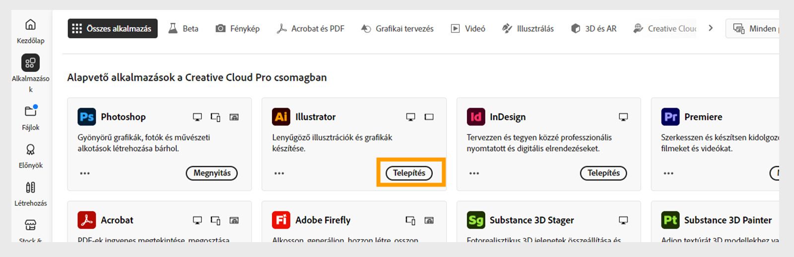 A Creative Cloud asztali alkalmazás Alkalmazások lapja megjeleníti az indításra, telepítésre, böngészőben való megnyitásra vagy asztalon való megnyitásra elérhető alkalmazásokat. 