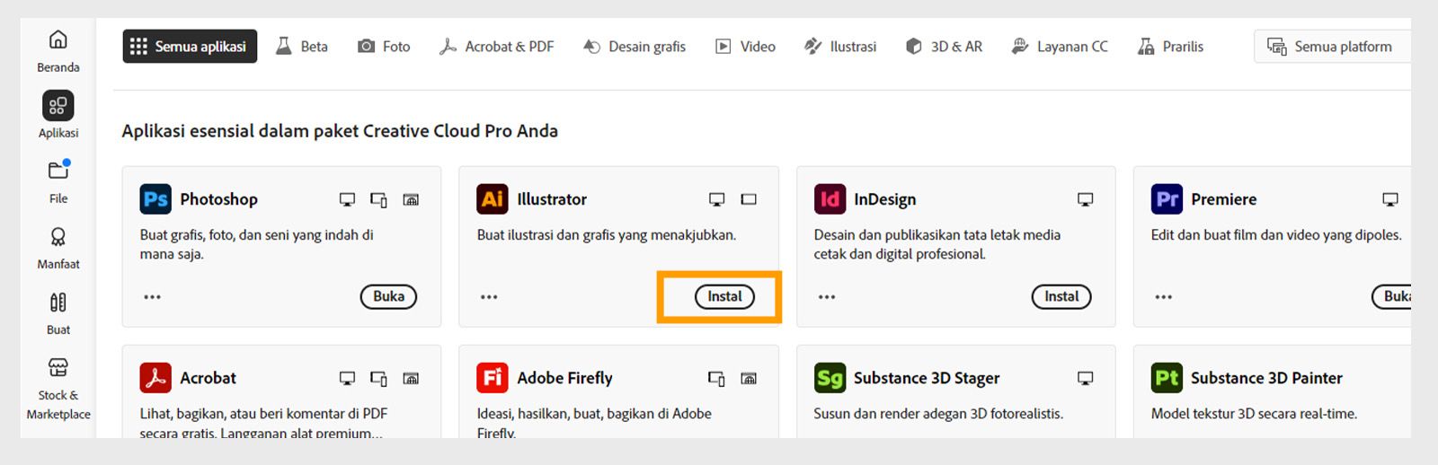 Tab Apps dari aplikasi desktop Creative Cloud menampilkan aplikasi yang tersedia untuk diluncurkan, diinstal, dibuka di browser, atau dibuka di desktop. 