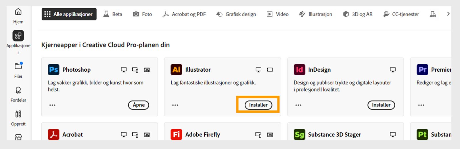 Apper-fanen i Creative Cloud-appen for datamaskin viser appene som er tilgjengelige for å starte, installere, åpne i nettleser eller åpne på datamaskin. 