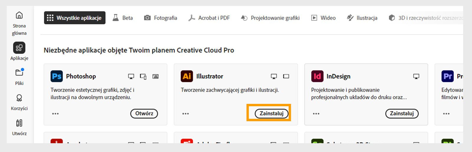 Karta Aplikacje w aplikacji Creative Cloud Desktop pokazuje aplikacje dostępne do uruchomienia, instalacji, otwarcia w przeglądarce lub otwarcia na komputerze. 