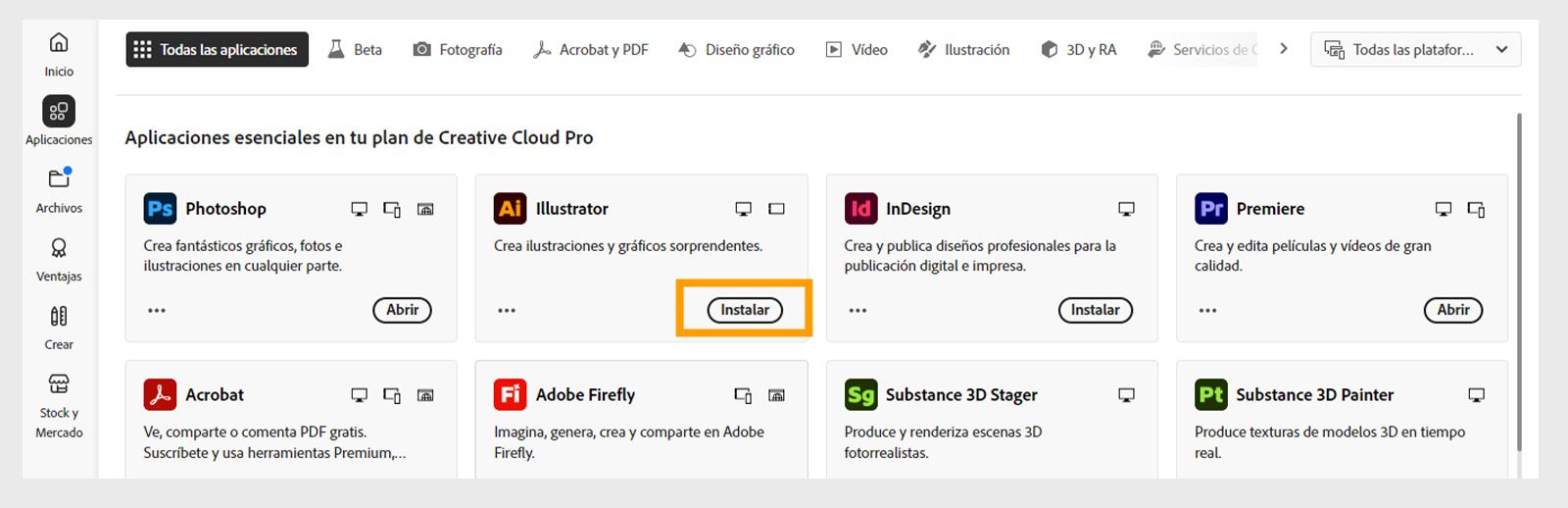 La pestaña Aplicaciones de la aplicación de escritorio de Creative Cloud muestra las aplicaciones disponibles para iniciar, instalar, abrir en el explorador o abrir en el escritorio. 