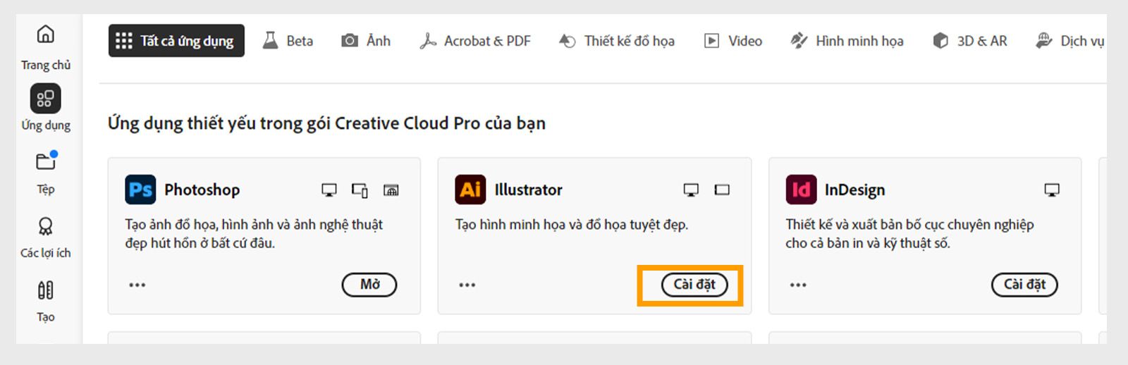 Thẻ Ứng dụng trong ứng dụng Creative Cloud dành cho máy tính hiển thị các ứng dụng có sẵn để khởi chạy, cài đặt, mở trong trình duyệt hoặc mở trên máy tính. 