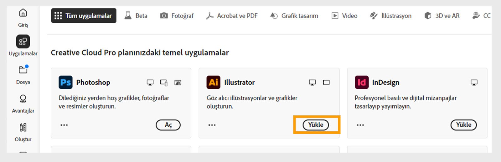 Creative Cloud masaüstü uygulamasının Uygulamalar sekmesi başlatılabilecek, yüklenebilecek, tarayıcıda açılabilecek veya masaüstünde açılabilecek uygulamaları gösterir. 