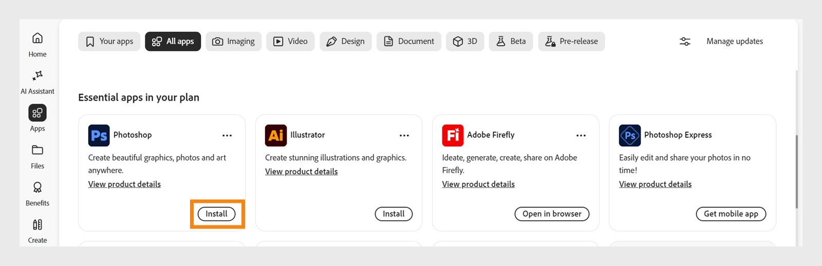 הכרטיסייה 'יישומים' ביישום Creative Cloud למחשבים שולחניים מציגה את היישומים שניתן להפעיל, להתקין או לפתוח בדפדפן, או לפתוח במחשב שולחני. 