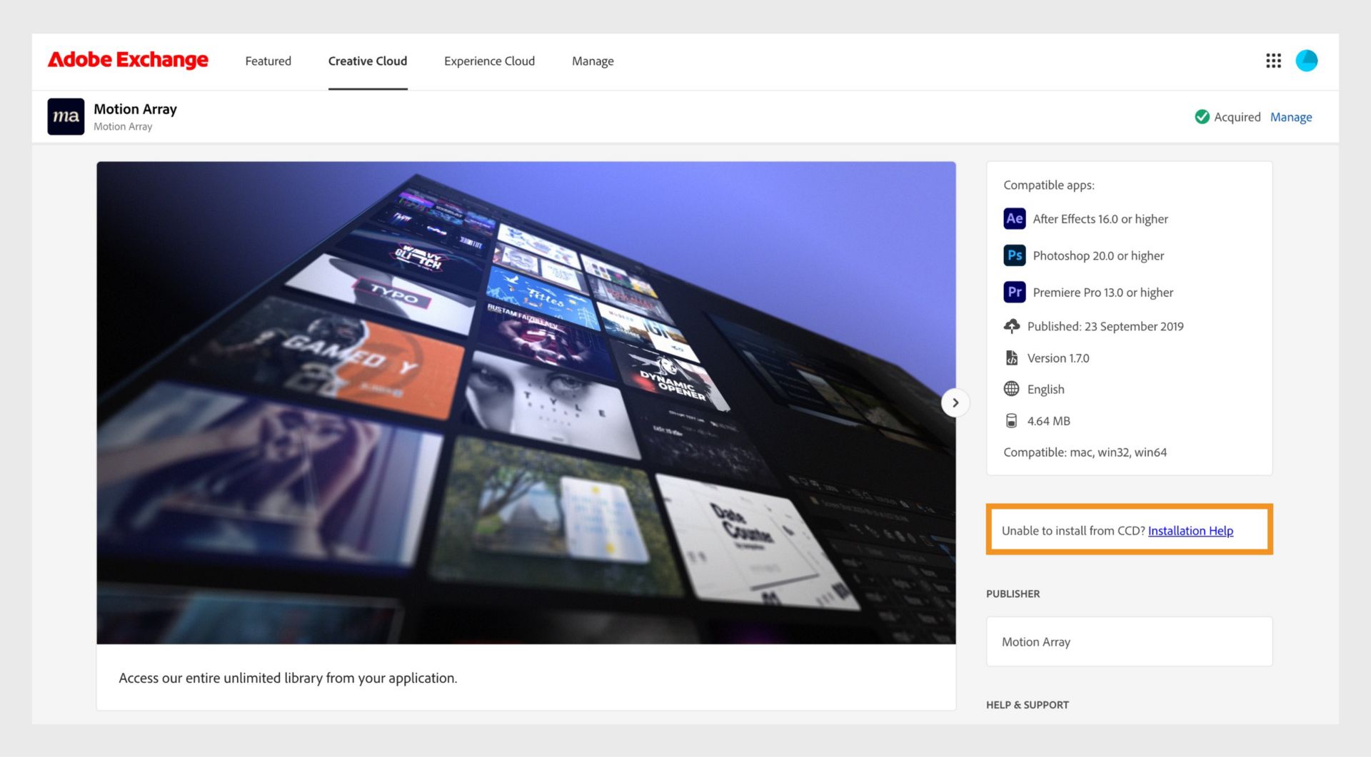 Stran vtičnika v trgovini Adobe Exchange zajema seznam združljivih programov, informacije o vtičniku ter možnosti za upravljanje vtičnika in pridobivanje pomoči pri namestitvi. 