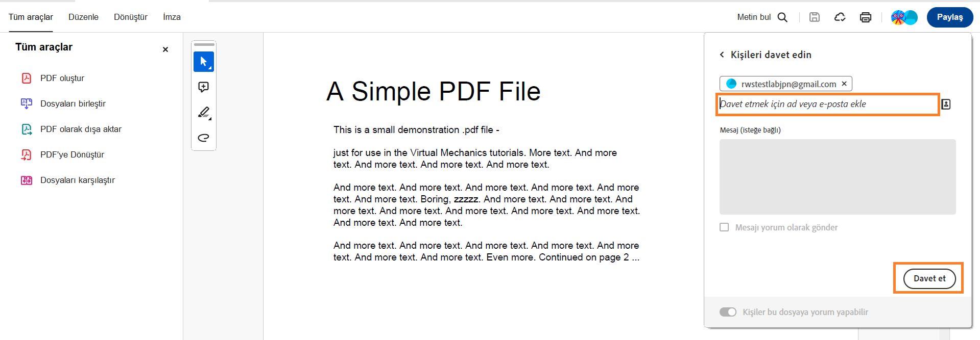 Diğer Kullanıcılarla Paylaş iletişim kutusu görüntülenir