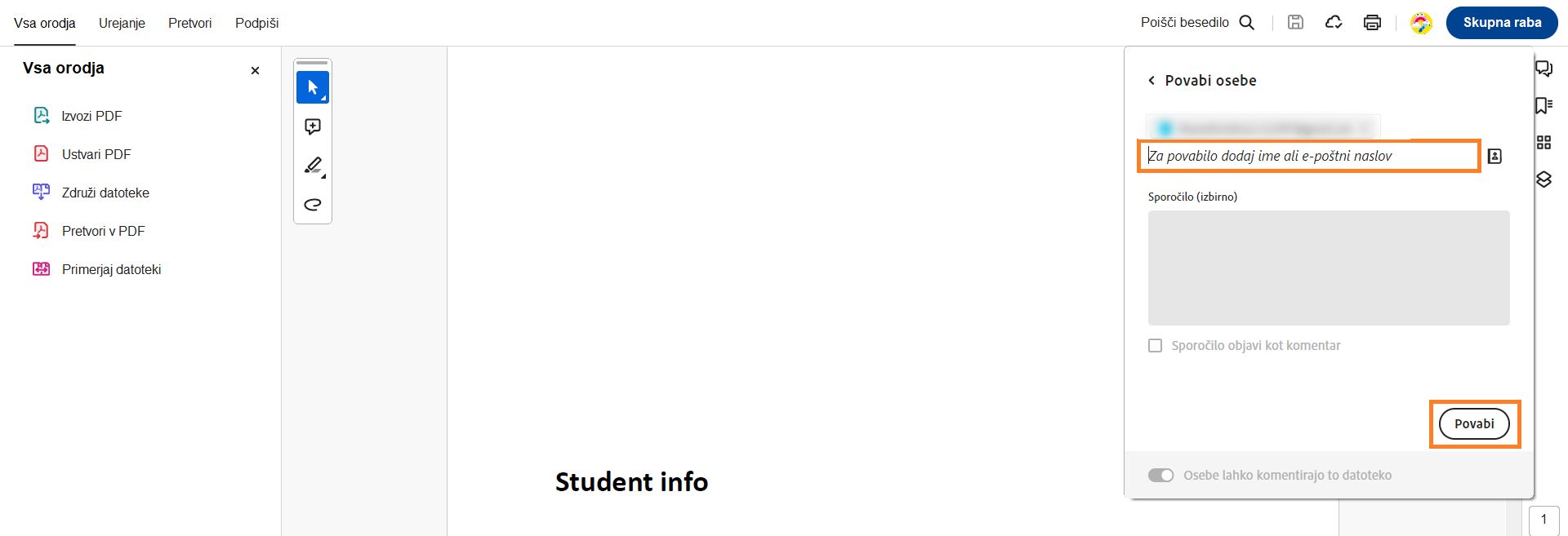 Prikaže se pogovorno okno Deli s drugimi.
