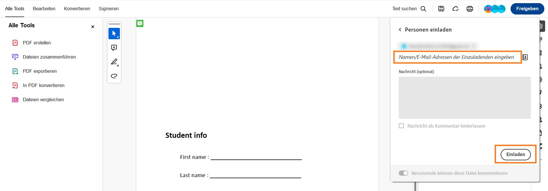 Dialogfeld „Für andere freigeben“ wird angezeigt