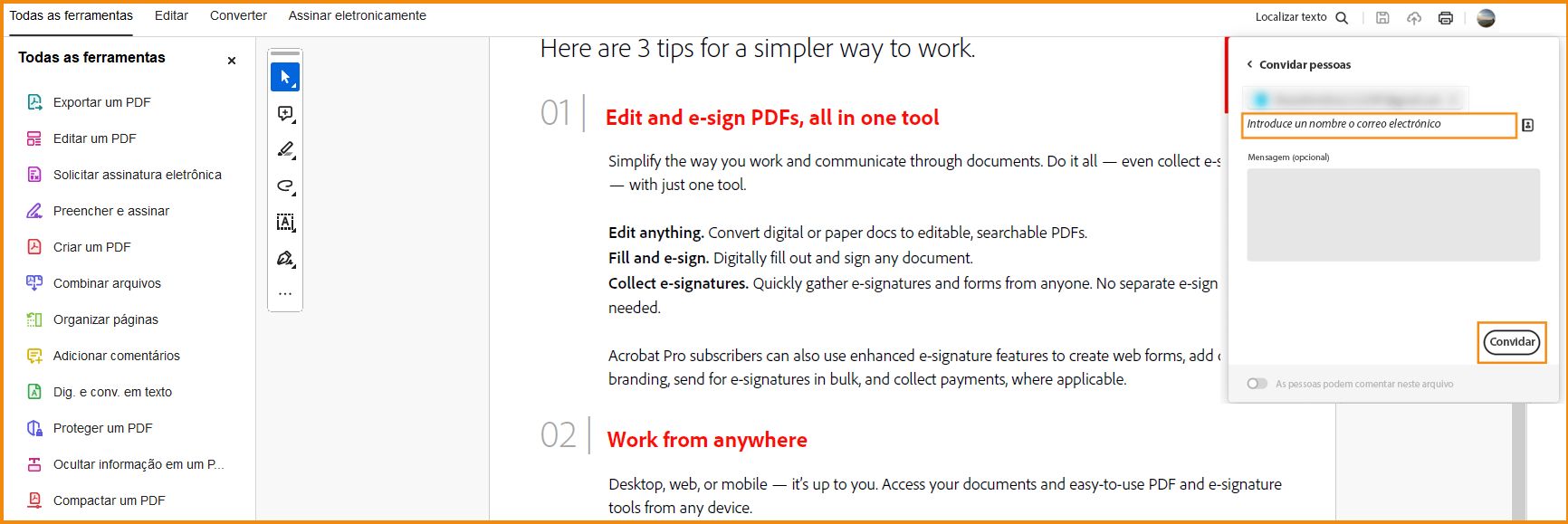 A caixa de diálogo Compartilhar com outros é exibida
