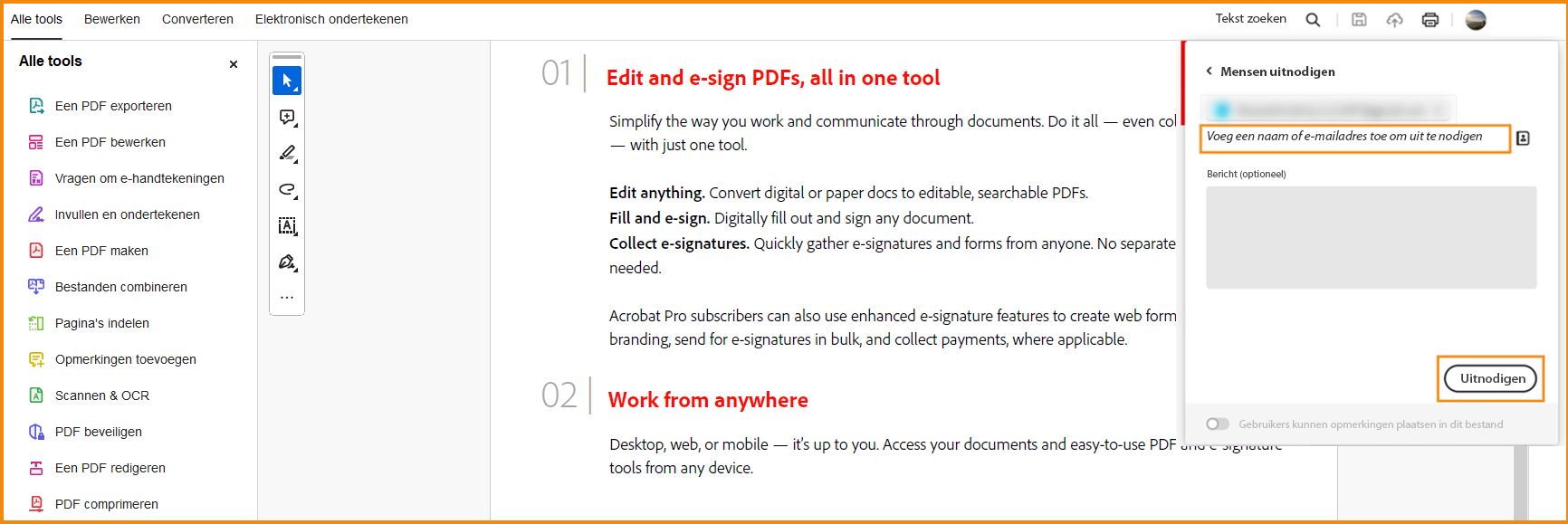 Het dialoogvenster Delen met anderen is weergegeven