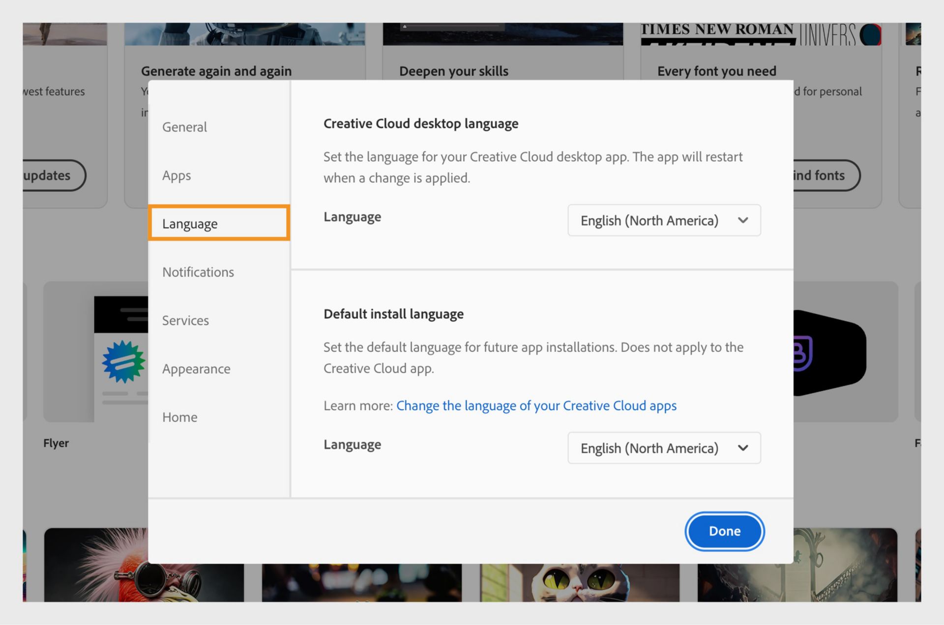 A Beállítások ablak Nyelv lapján módosíthatja a Creative Cloud alkalmazás nyelvét és az alkalmazások alapértelmezett telepítési nyelvét.