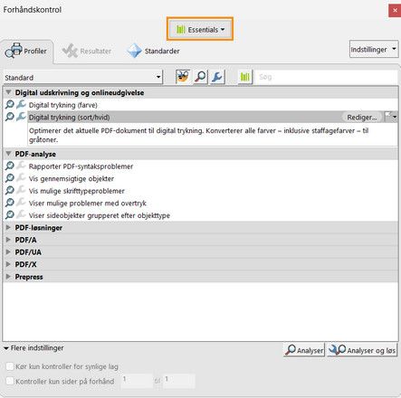Dialogboksen Forhåndskontrol vises, og rullemenuen Biblioteker fremhæves