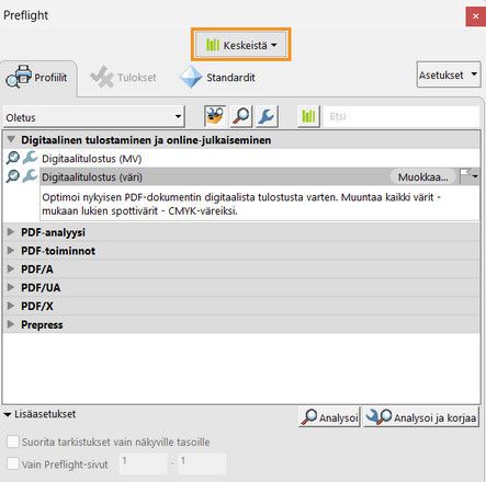 Preflight-valintaikkuna tulee näkyviin, ja Kirjastot-pudotusvalikko on korostettuna