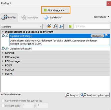Dialogboksen Preflight vises, og nedtrekksmenyen med Biblioteker er uthevet
