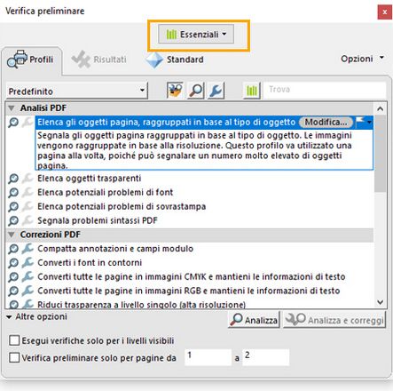 Viene visualizzata la finestra di dialogo Verifica preliminare con il menu a discesa Librerie evidenziato.