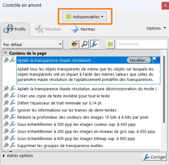 La boîte de dialogue Contrôle en amont est affichée avec le menu déroulant Bibliothèques mis en évidence