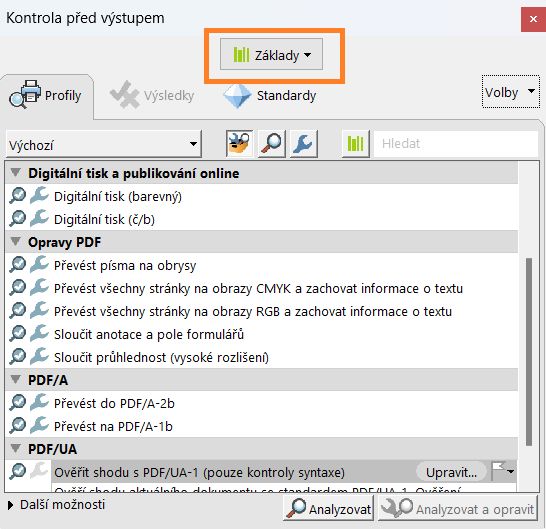 Zobrazení dialogového okno Kontrola před výstupem se zvýrazněnou rozbalovací nabídkou Knihovny