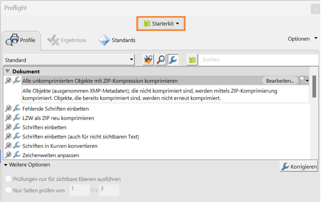 Das Dialogfeld „Preflight“ wird angezeigt und das Dropdown-Menü „Bibliotheken“ ist hervorgehoben.