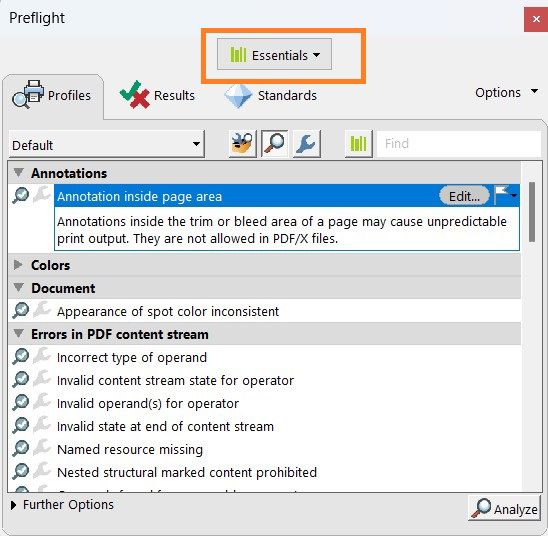 Prikaže se pogovorno okno Preverjanje pred tiskom in označen je spustni meni Knjižnice