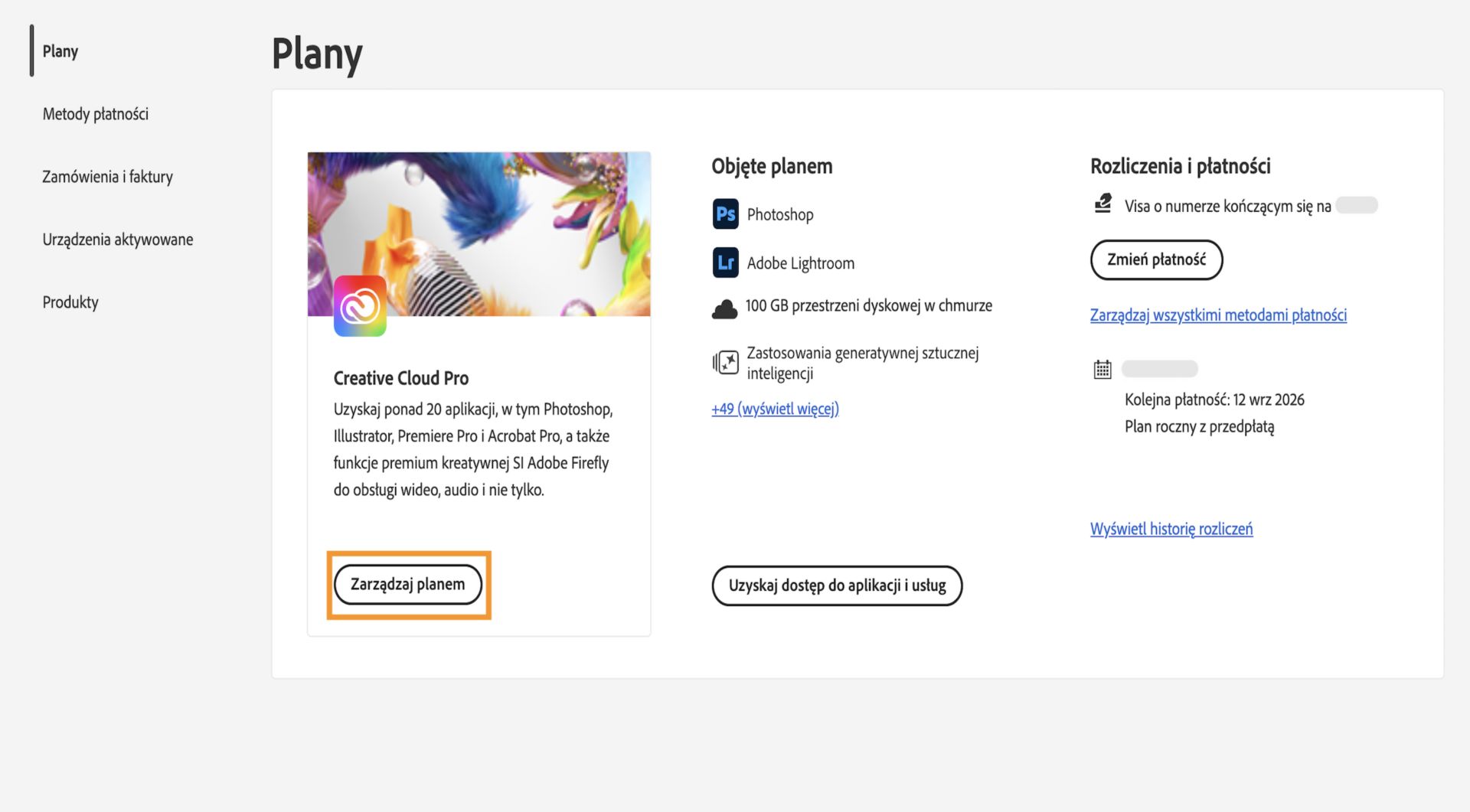 Okno Plany, w którym przycisk Zarządzaj planem jest podświetlony pod aktualnie aktywnym planem.