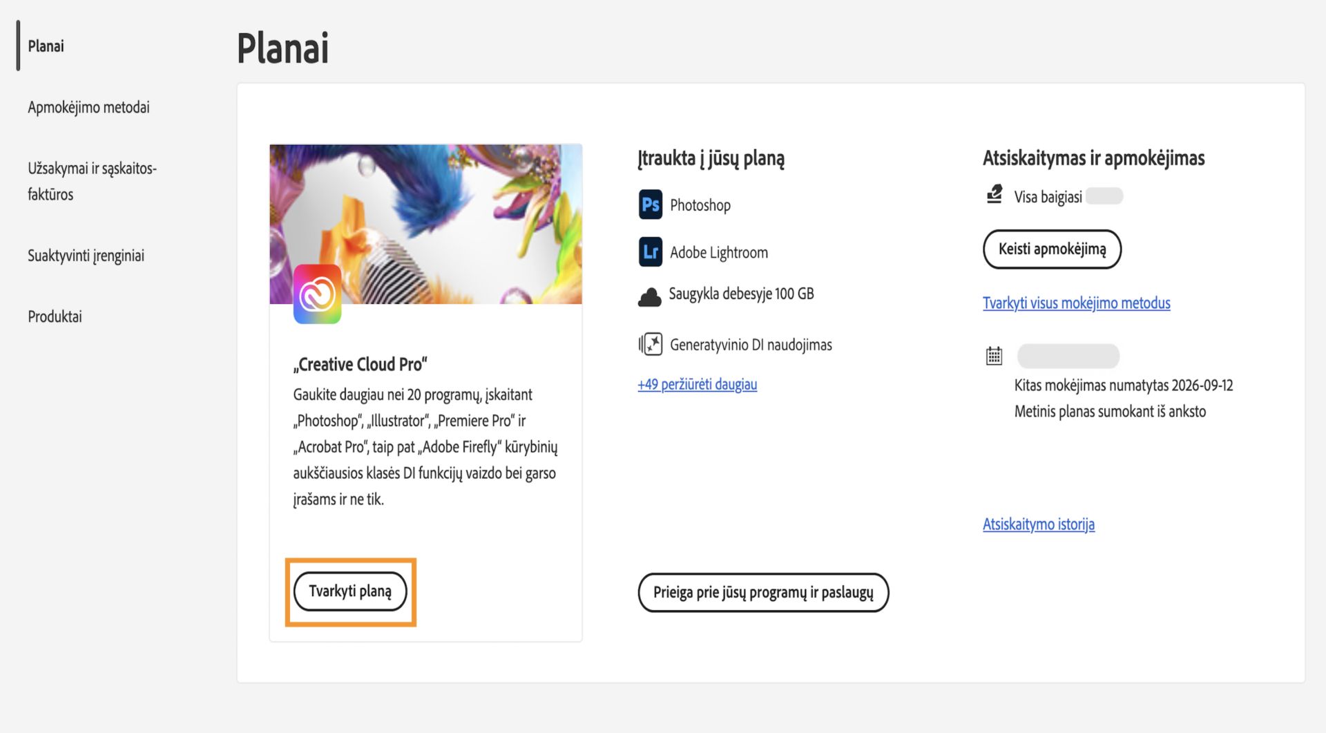 Mygtukas „Tvarkyti planą“, pasiekiamas planų skiltyje turint aktyvų planą, suteikia galimybę atšaukti „Adobe“ prenumeratą.