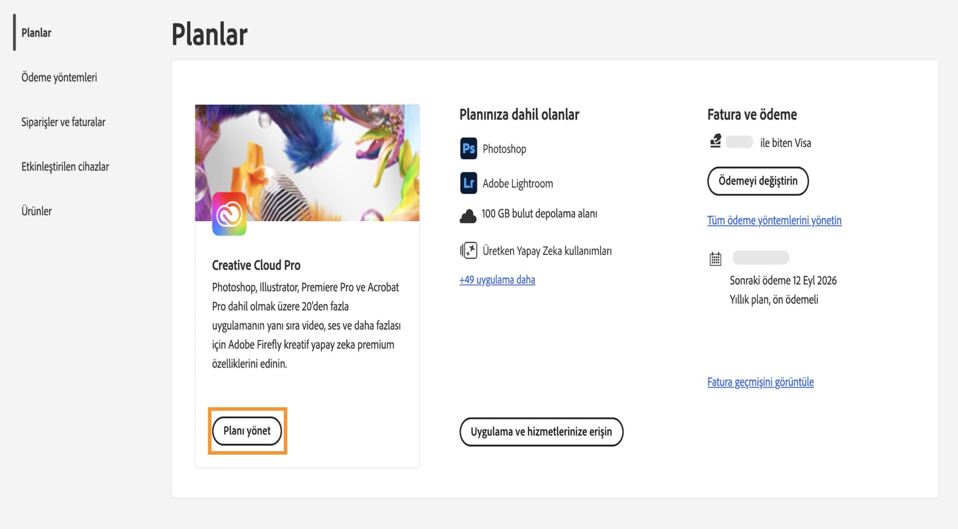 Planlar bölümünde etkin bir plan için kullanılabilen Planı yönet düğmesi, Adobe aboneliğinizi iptal etme seçeneği sunar.