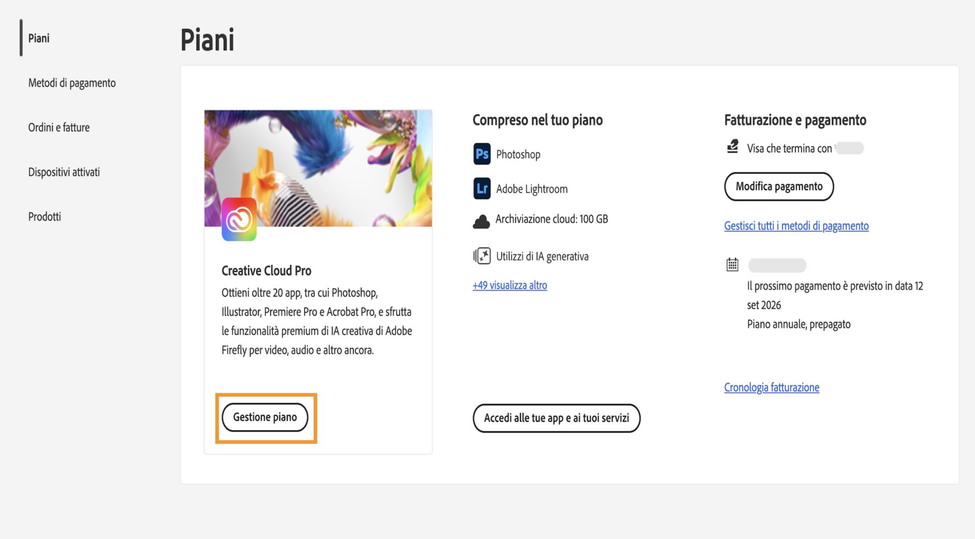 La finestra Piani, dove il pulsante Gestisci piano è evidenziato sotto il piano attualmente primario.